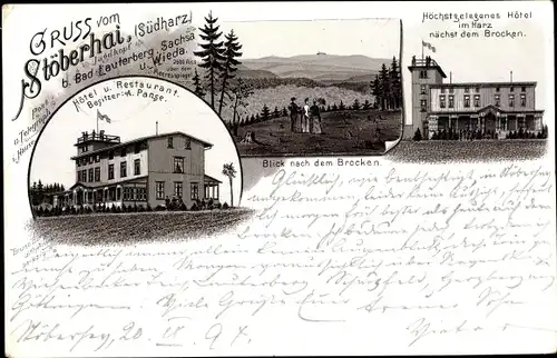 Vorläufer Litho Wieda Walkenried Harz, Hotel Stöberhai, Blick nach dem Brocken