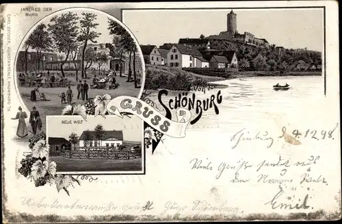 Litho Naumburg an der Saale, Schönburg, Innenhof, Neue Welt, Uferpartie