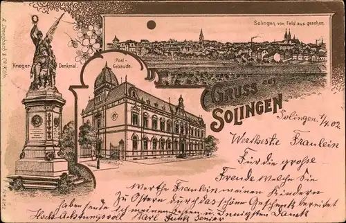 Gold Litho Solingen in Nordrhein Westfalen, Panorama vom Ort, Kriegerdenkmal, Postgebäude