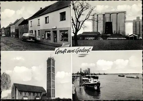 Ak Godorf Köln am Rhein, Kirche, Hafen, Fabrik, Straßenpartie