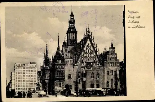 Ak Wrocław Breslau Schlesien, Ring mit Rathaus und Hochhaus