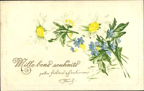 Präge Litho Glückwunsch, Mille bons souhaits, Gänseblümchen