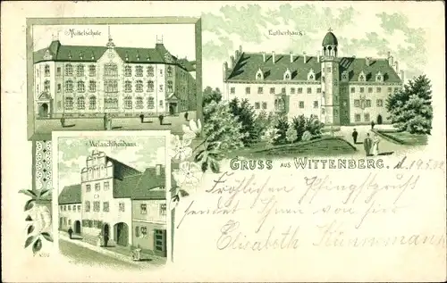 Litho Lutherstadt Wittenberg, Mittelschule, Lutherhaus, Melanchthonhaus