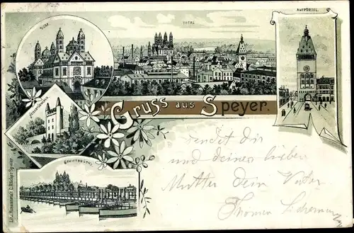 Litho Speyer, Dom, Heidentürmchen, Schiffbrücke, Altpörtel