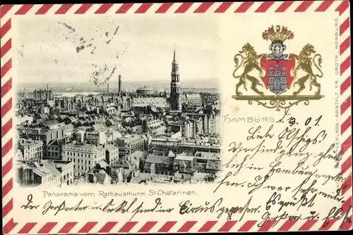 Präge Wappen Ak Hamburg, Panorama vom Rathausturm, St. Chatarinen