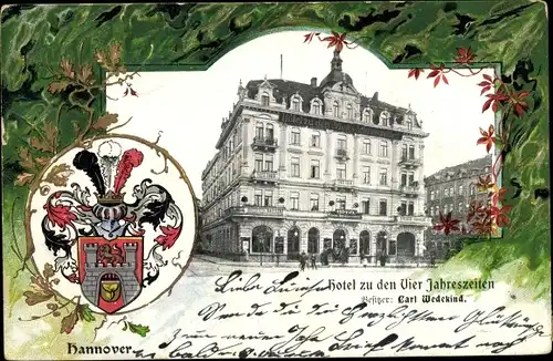 Präge Wappen Ak Hannover, Hotel zu den Vier Jahreszeiten