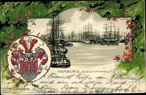 Präge Wappen Litho Hamburg, Segelschiffhafen