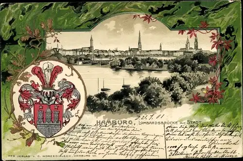 Präge Wappen Litho Hamburg, Lombardsbrücke, Panorama