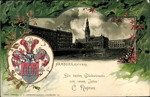 Präge Wappen Litho Hamburg, Rathaus, Glückwunsch Neujahr C. Nupnau