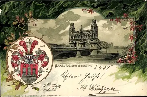 Präge Wappen Litho Hamburg, Neue Elbbrücke