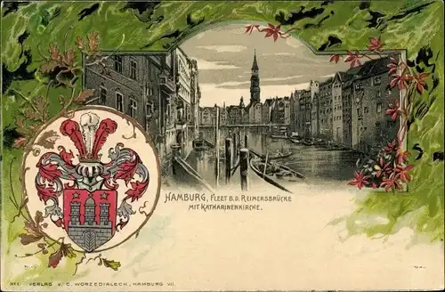 Präge Wappen Litho Hamburg, Fleet bei der Reimersbrücke, Katharinenkirche