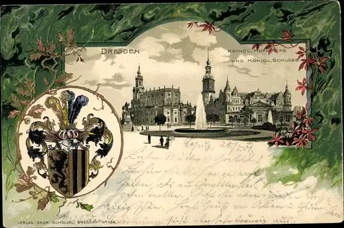 Präge Wappen Litho Dresden, Kath. Hofkirche, Kgl. Schloss