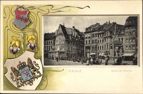 Präge Wappen Ak Mainz, Markt, Brunnen, Geschäftshäuser