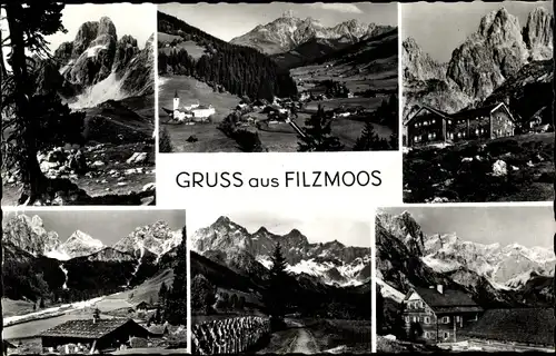 Ak Filzmoos in Salzburg, Berglandschaften, Gesamtansicht vom Ort, Vogelschau, Almhütten