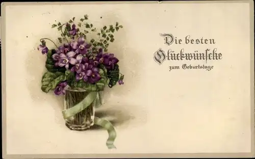 Ak Glückwunsch Geburtstag, Lila Blüten in einer Vase