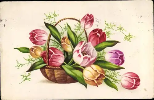 Ak Bunte Tulpen in einem Weidenkorb