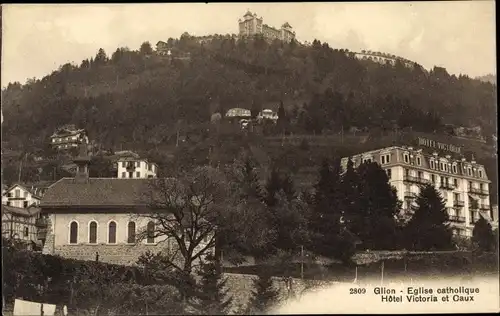 Ak Glion Kanton Waadt, Eglise Catholique, Hotel Victoria et Caux