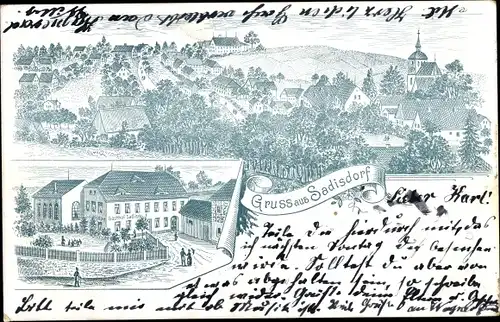 Litho Sadisdorf Dippoldiswalde im Osterzgebirge, Gesamtansicht vom Ort, Gasthof, Vogelschau