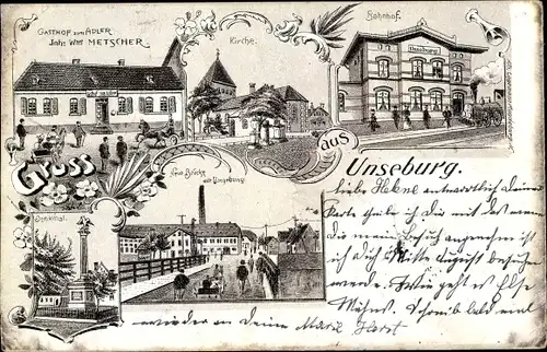 Litho Unseburg Bördeaue Salzlandkreis, Gasthof zum Adler, Kirche, Bahnhof, Denkmal, Neue Brücke