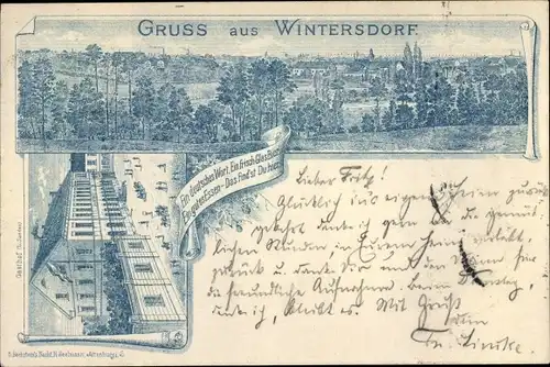 Litho Wintersdorf Meuselwitz im Kreis Altenburger Land, Panorama vom Ort, Gasthof, Totalansicht