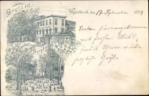 Litho Vieselbach Erfurt in Thüringen, Gasthof zum Burghof, Außenansichten, Gartentische, Gäste