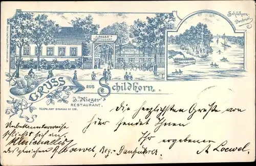 Litho Berlin Wilmersdorf Grunewald, Schildhorn, Restaurant, Außenansicht, Eingangstor, Besucher