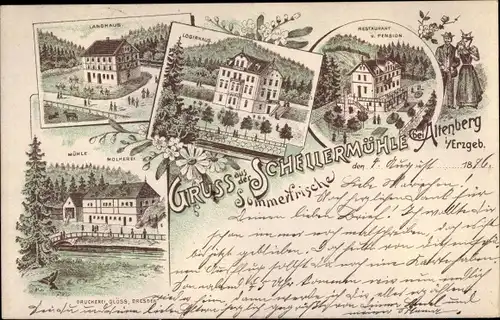 Litho Altenberg im Osterzgebirge, Schellermühle, Landhaus, Logierhaus, Restaurant, Totalansichten