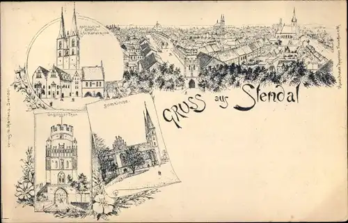 Litho Stendal in Sachsen Anhalt, Vogelschau der Stadt, Rathaus, Roland, Marienkirche, Ünglinger Tor