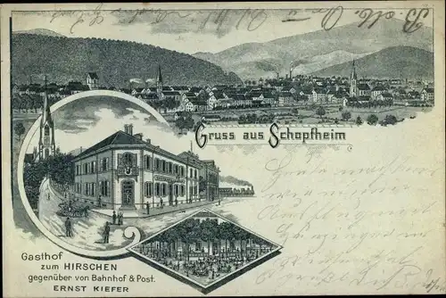 Litho Schopfheim in Baden Württemberg, Panorama vom Ort, Gasthof zum Hirschen, Kirche