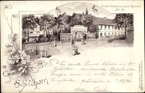 Litho Berlin Wilmersdorf Grunewald, Wirtshaus Schildhorn, Außenansicht, Eingangstor, Gäste