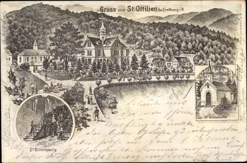 Litho Freiburg im Breisgau Baden Württemberg, St. Ottilien, Panorama, Hügel, Quelle, St. Wendelin