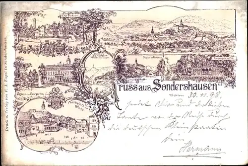 Litho Sondershausen im Kyffhäuserkreis Thüringen, Panorama vom Ort, Schloss, Parkteich, Possen
