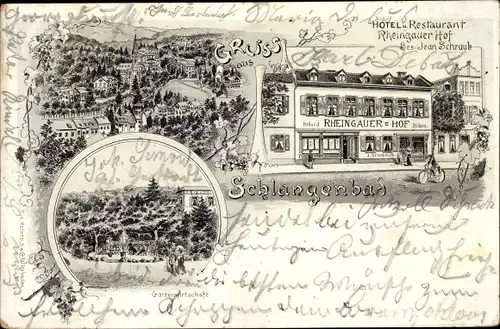 Litho Schlangenbad im Rheingau Taunus Kreis, Vogelschau vom Ort, Hotel Rheingauer Hof