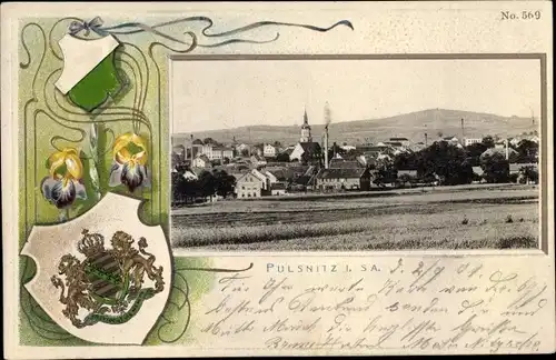 Präge Passepartout Wappen Ak Pulsnitz im Kreis Bautzen, Panorama vom Ort, Feldpartie