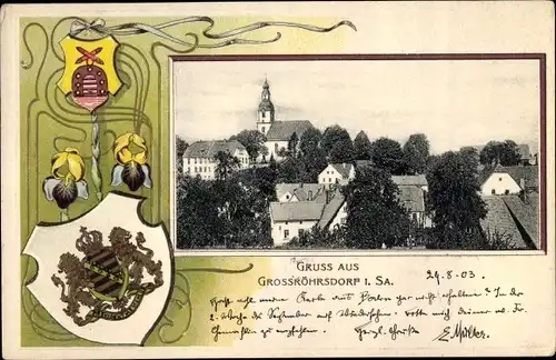 Präge Passepartout Wappen Ak Großröhrsdorf in Sachsen, Totalansicht vom Ort, Kirche