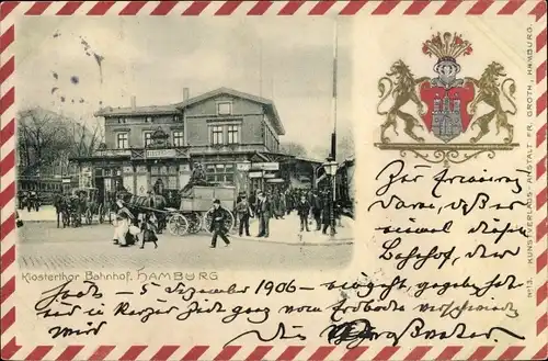 Präge Passepartout Wappen Ak Hamburg, Bahnhof Klostertor, Totalansicht, Passanten, Kutschen