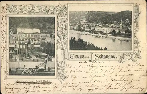 Passepartout Ak Bad Schandau an der Elbe, Schumann's Hôtel Stadt Berlin, Flusspartie, Vogelschau