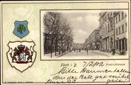 Präge Passepartout Wappen Ak Fürth in Mittelfranken Bayern, Partie in der Friedrichstraße, Bäume