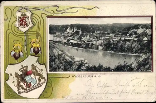Präge Passepartout Wappen Ak Wasserburg am Inn in Oberbayern, Flusspartie, Gesamtansicht vom Ort