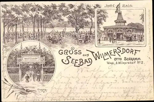 Litho Berlin Wilmersdorf, Seebad, Eingangstor, Pavillon, Terrassengarten, Esstische, Besucher