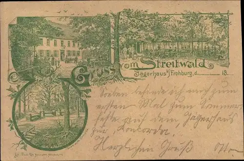 Vorläufer Litho Frohburg in Sachsen, Jägerhaus Streitwald, Gartentische, Besucher, Sitzbänke