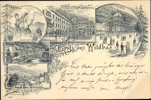 Litho Bad Wildbad im Kreis Calw Baden Württemberg, Olgastraße, Trachtendamen, Kurplatz, Trinkhalle