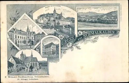 Litho Schmalkalden im Thüringer Wald, Gesamtansicht vom Ort, Postamt, Schloss Wilhelmsburg, Kirche