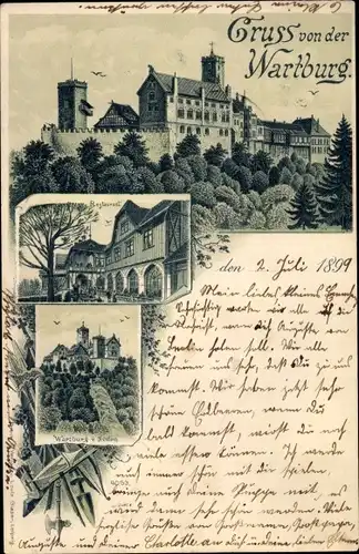 Litho Lutherstadt Eisenach in Thüringen, Wartburg, Gesamtansicht v. Norden u. Süden, Restaurant