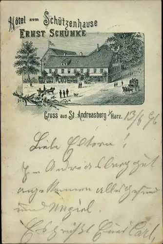 Litho St. Andreasberg Braunlage im Harz, Hôtel zum Schützenhause, Außenansicht, Besucher