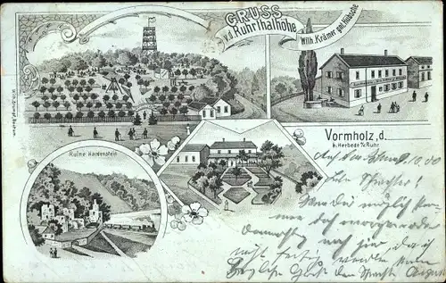 Litho Vormholz Witten im Ennepe Ruhr Kreis, Gasthaus Ruhrtalhöhe, Aussichtsturm, Ruine Hardenstein