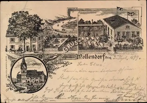 Litho Wollendorf Neuwied in Rheinland Pfalz, Gastwirtschaft zu zwei Linden, Außenansicht, Feldkirche