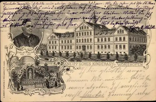 Litho Bad Wörishofen im schwäbischen Kreis Unterallgäu, Portrait Kneipp, Kinderasyl, Totalansicht