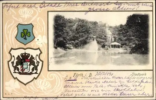 Präge Passepartout Wappen Ak Fürth in Mittelfranken Bayern, Partie im Stadtpark, Gondelteich