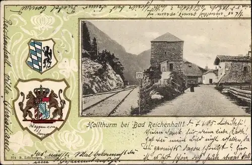 Präge Passepartout Wappen Ak Bad Reichenhall in Oberbayern, Ortsansicht, Hallturm, Bahnschienen